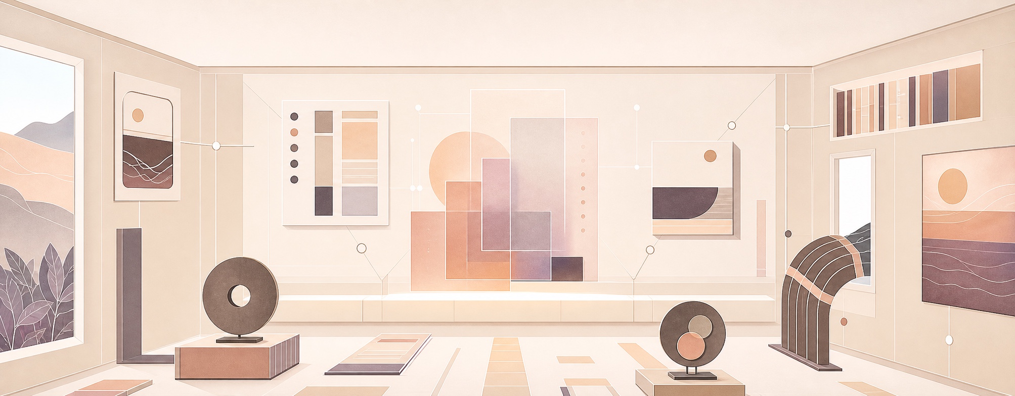 Illustration of the NFTFair gallery with abstract artwork and sculptures in warm paper tones